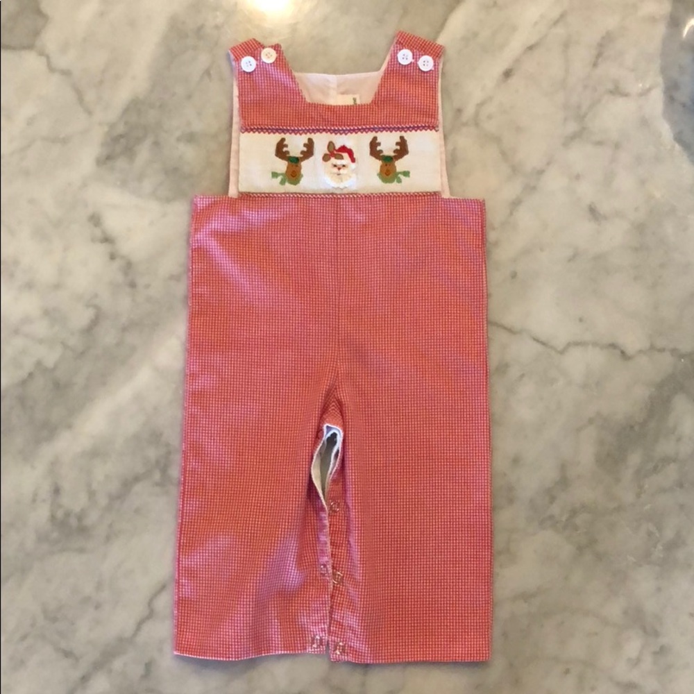 Boutique Christmas Smocked Gingham Santa Longall